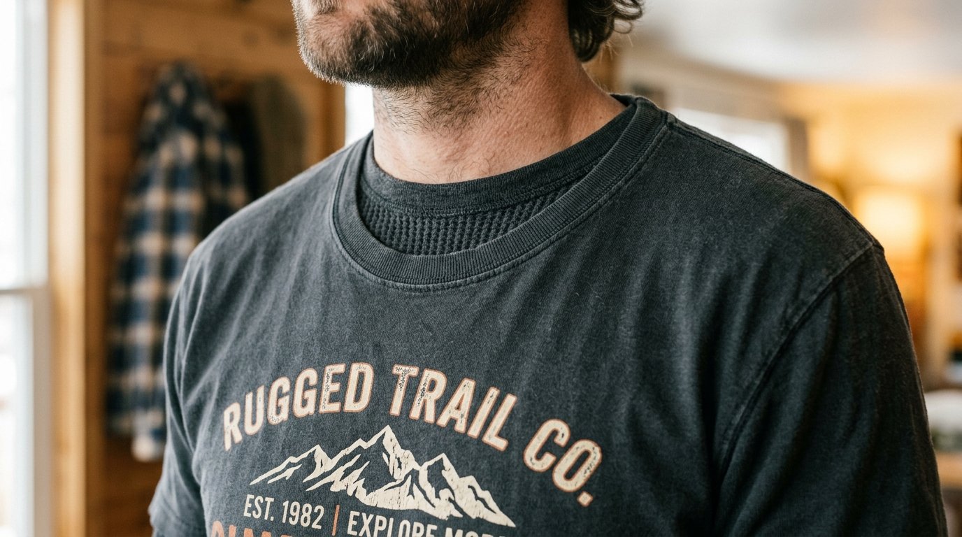 Close up of a man in a dark grey t-shirt layered over a waffle knit thermal shirt inside a cabin.