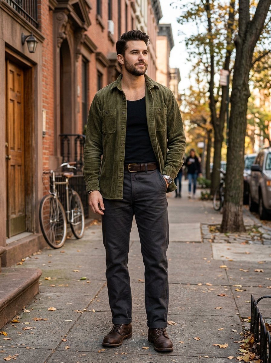 A man in an unbuttoned olive corduroy shirt and black tank top standing outdoors on a paved city street.