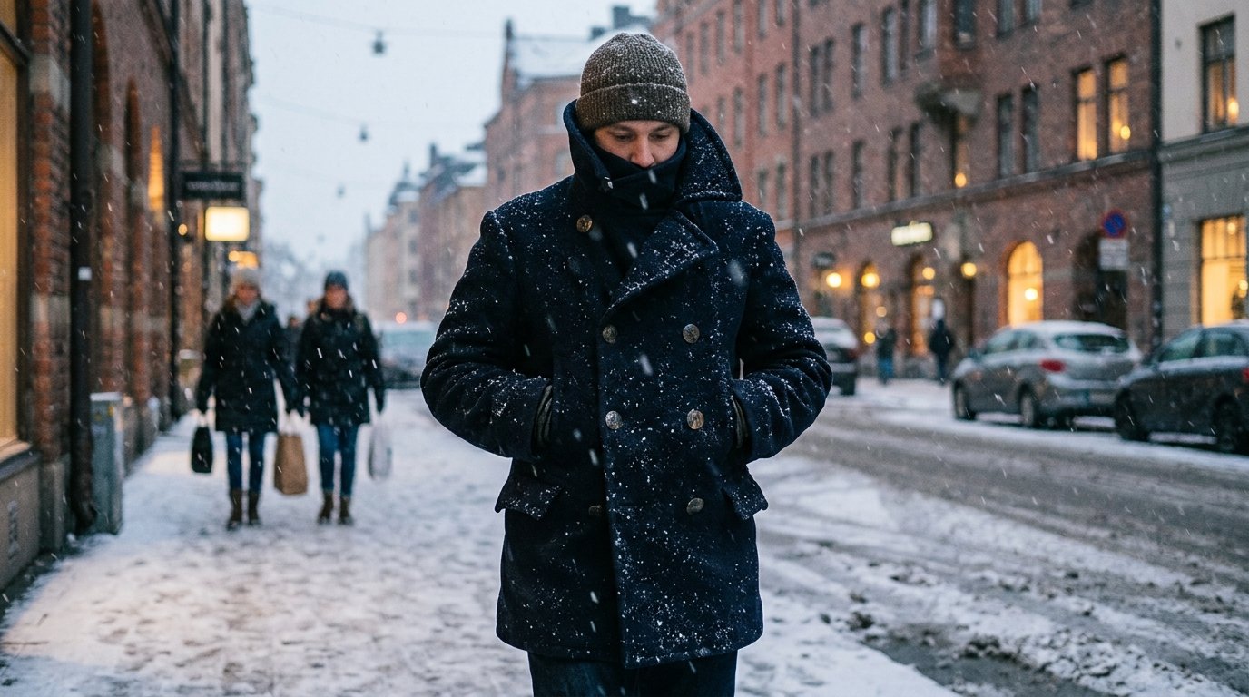 A man wearing a beanie and dark peacoat walks down a snow-covered European city sidewalk during a light snowfall.