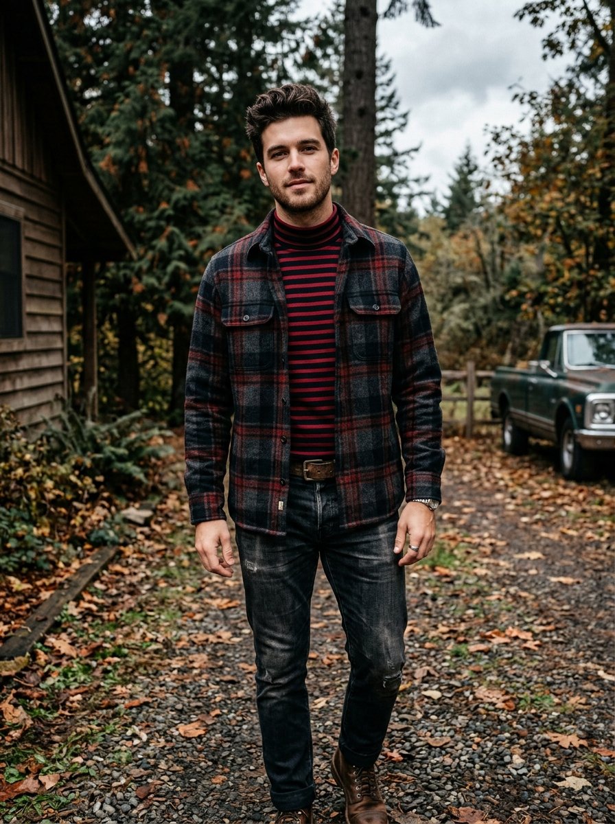 Young man standing on a gravel path near a cabin wearing a dark plaid button-down over a red and black striped sweater.