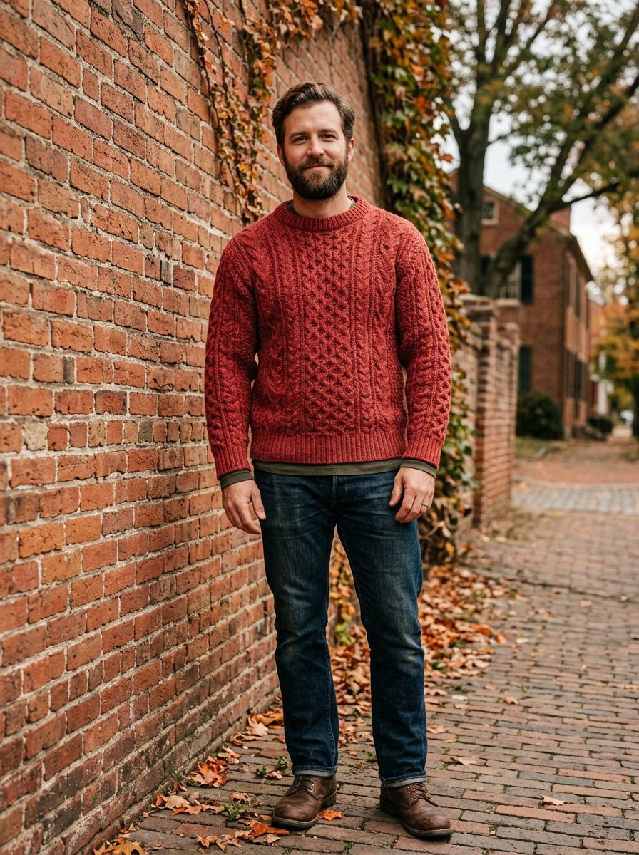 A man with a beard stands outdoors in a chunky red knit sweater and blue jeans against a brick wall.