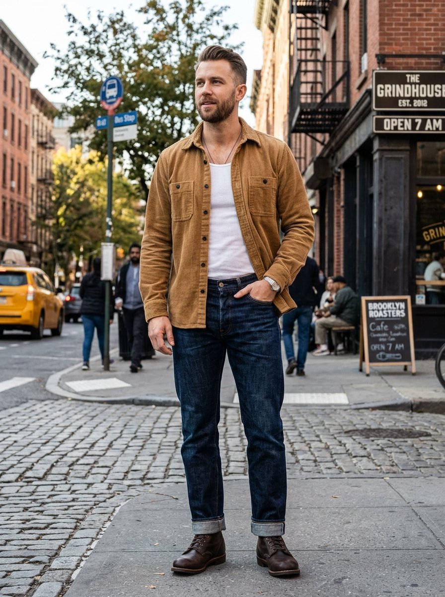 A bearded man wearing a tan corduroy shirt and dark jeans posing on a cobblestone street in front of a coffee shop.
