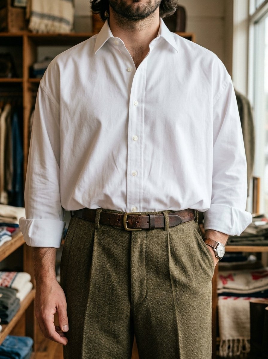 Close-up of a man in a white button-down shirt tucked into pleated olive green herringbone wool trousers with a belt.