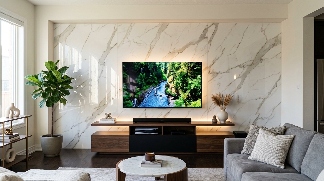 A modern living room with a white marble accent wall, wooden media console, and a tall indoor fiddle leaf fig plant.
