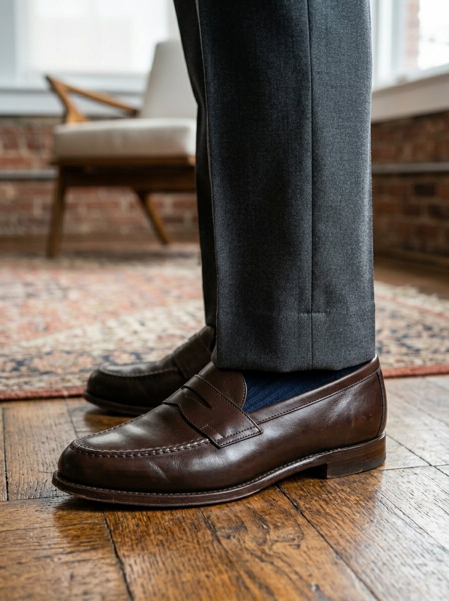 Close-up side profile of a man wearing dark brown leather slip-on shoes with grey wool pants on hardwood flooring.