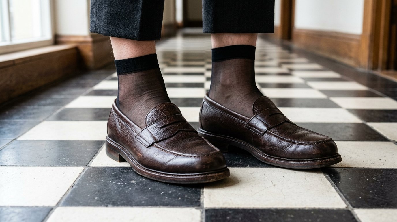 Close-up of a person wearing dark brown leather loafers and thin black socks on a black and white tiled floor.