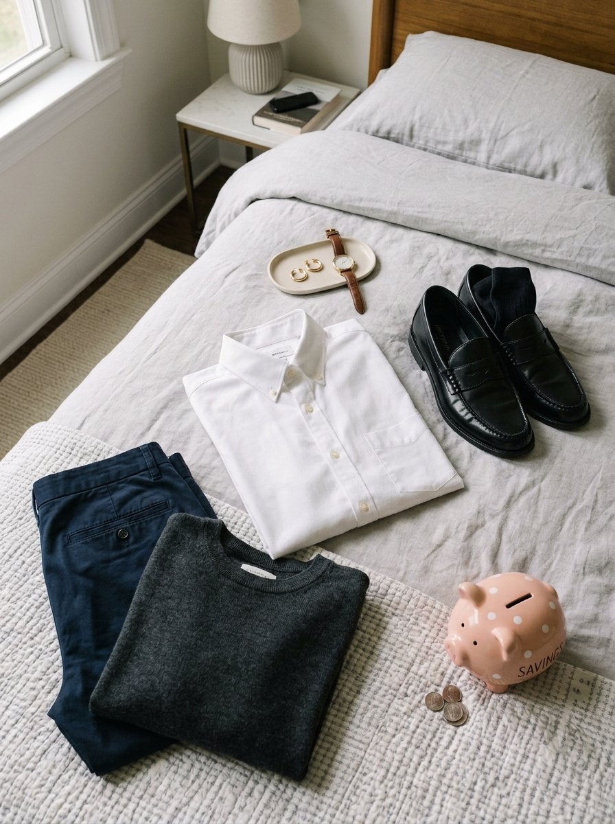 A flatlay of men's clothing including a white button-down, navy trousers, sweater, loafers, and a polka dot piggy bank.