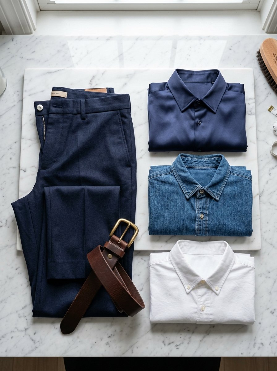 Folded navy, denim, and white shirts arranged next to navy slacks and a brown leather belt on a marble surface.