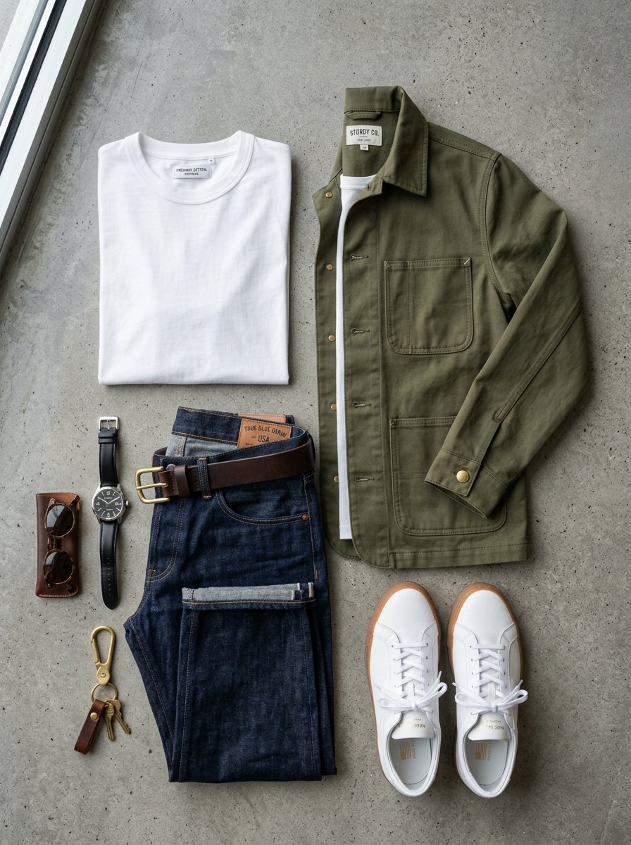 Men's fashion flat lay featuring an olive jacket, raw denim jeans, white t-shirt, and leather accessories.