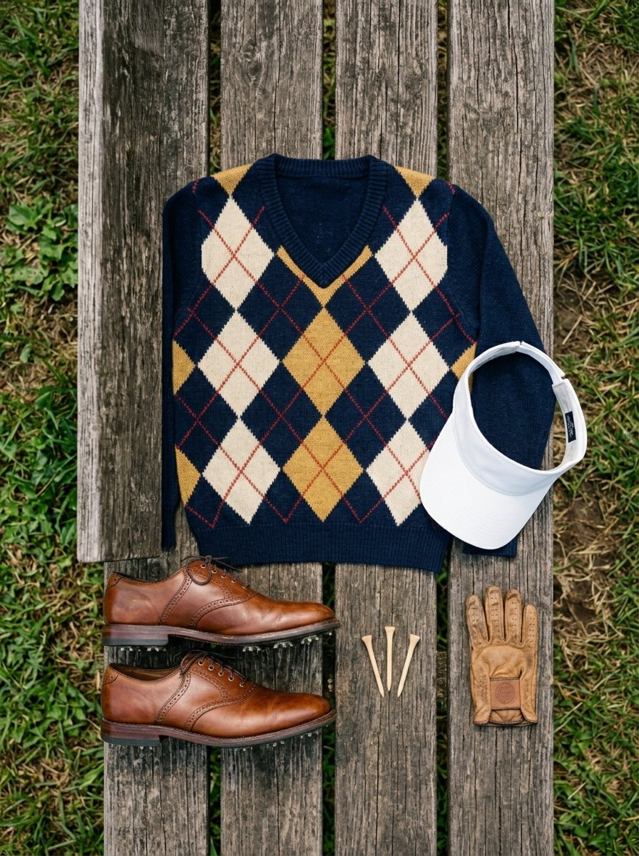 A navy argyle sweater, brown leather shoes, a white visor, and a leather glove arranged on a rustic wooden bench.