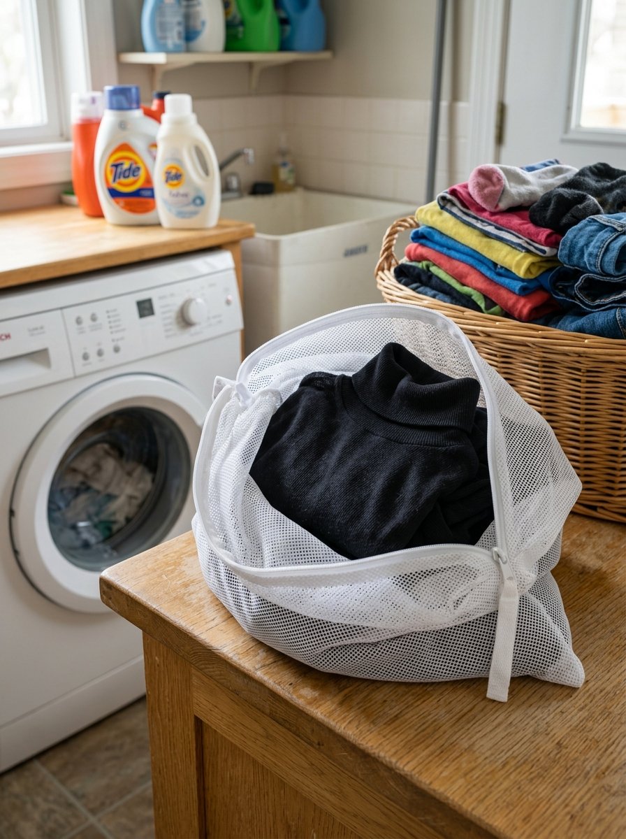 Close up of a zippered mesh laundry bag containing a black sweater on a wooden laundry room counter.