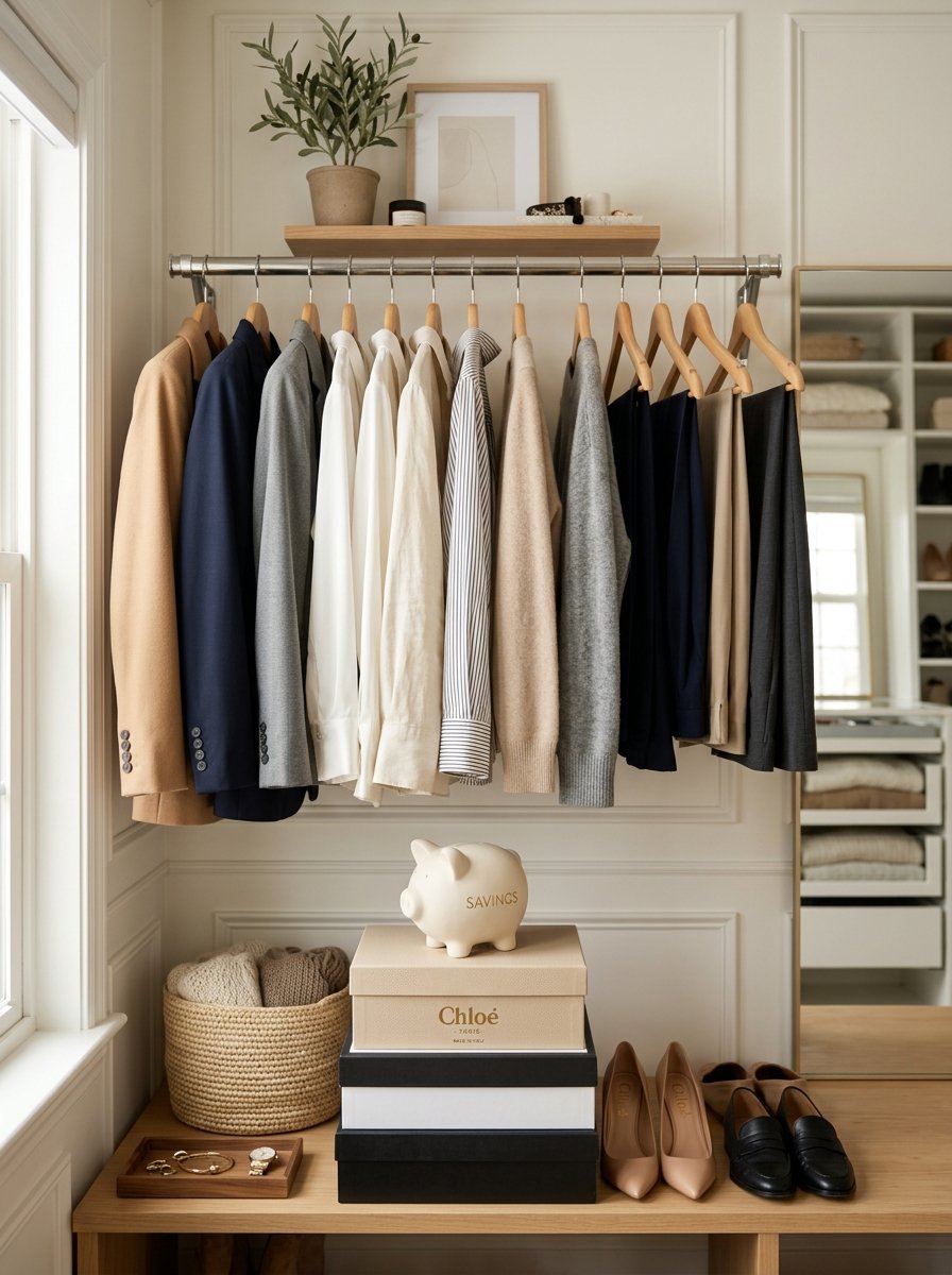 Neutral professional clothing on wooden hangers above a shelf with a piggy bank and stacked designer boxes.