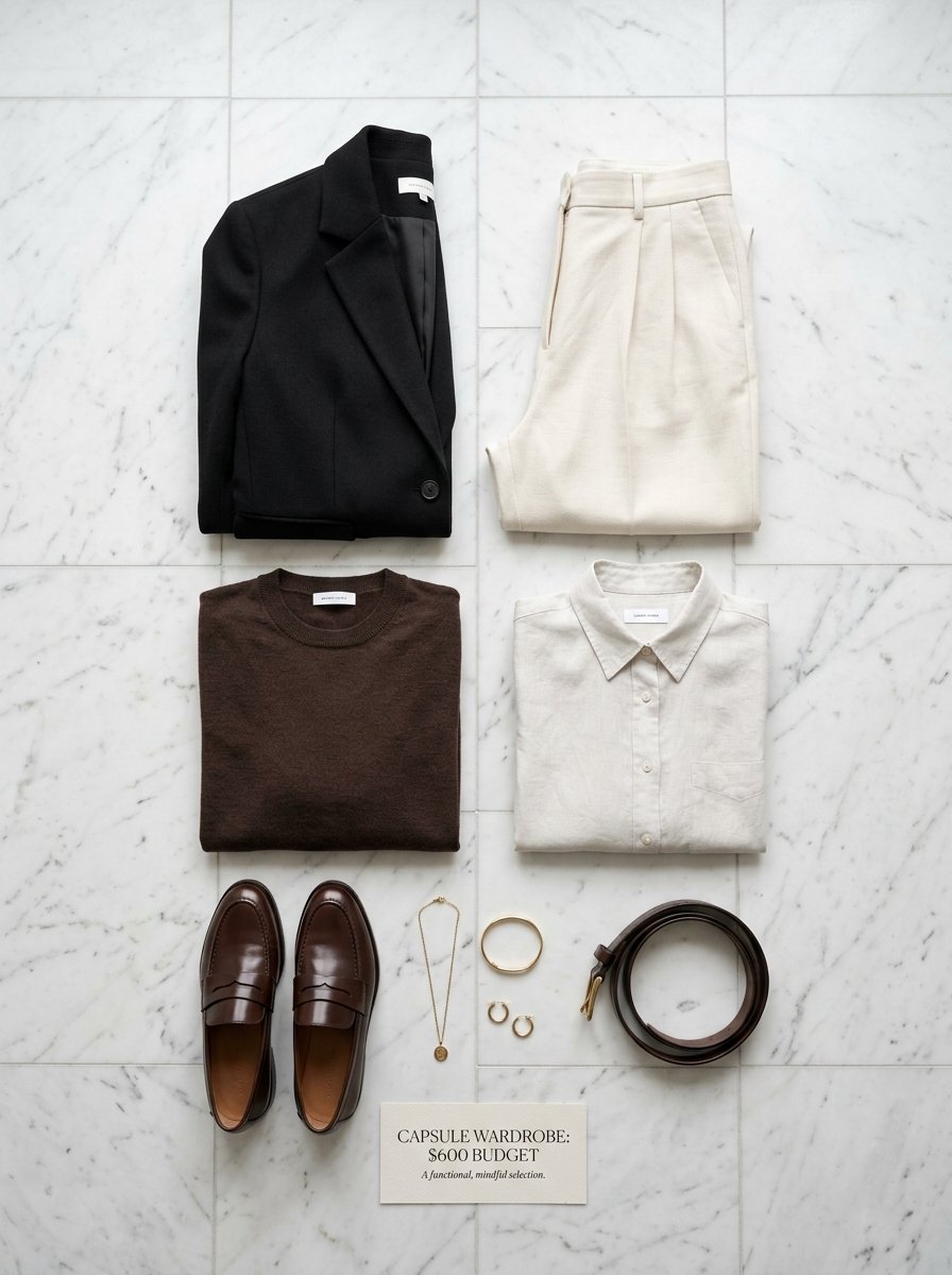 Black blazer, cream trousers, brown sweater, linen shirt, loafers, and accessories arranged on a white marble surface.