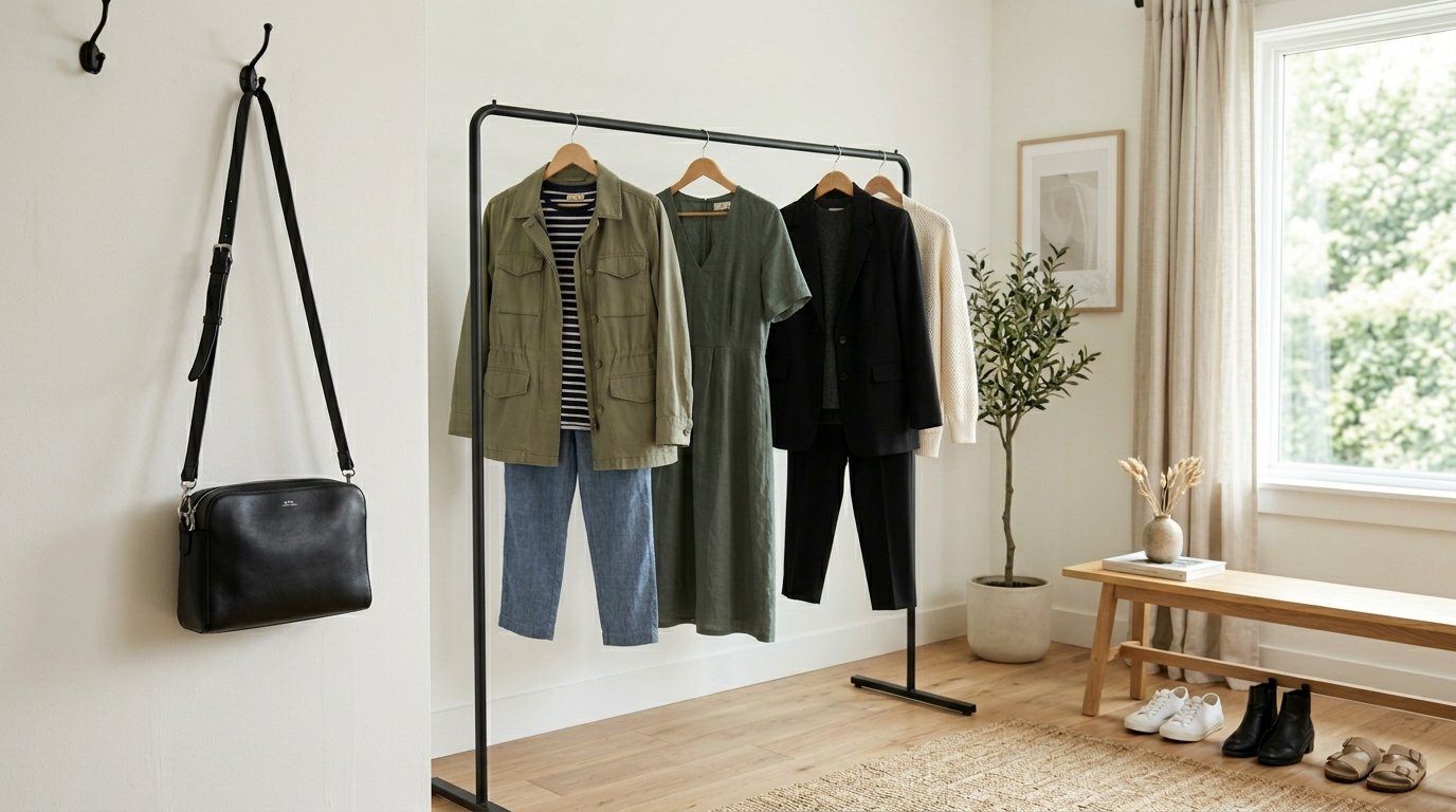 Black metal clothing rack holding assorted casual and professional apparel inside a home entryway.