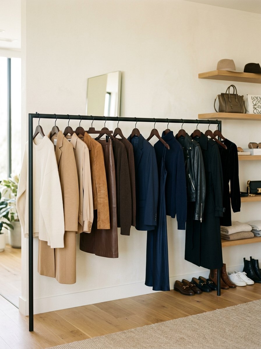 A metal clothes rack displaying a range of sweaters, coats, and blazers in a minimalist home closet space.