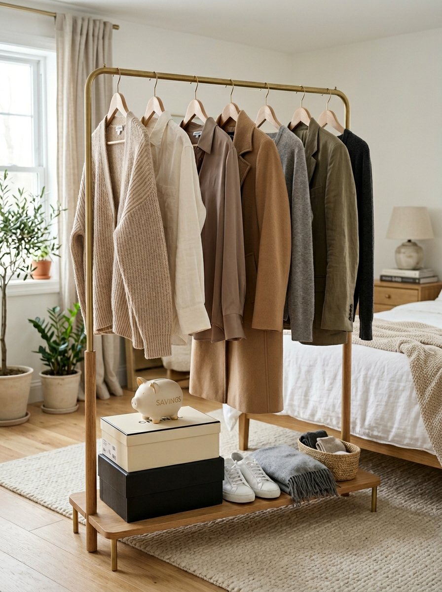 A gold garment rack holding various coats and sweaters with shoes and boxes on the bottom shelf.