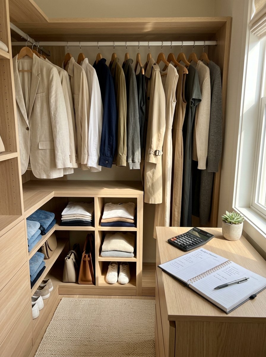 Wooden closet interior featuring hanging neutral-toned clothing, folded sweaters, handbags, and a desk with a planner.