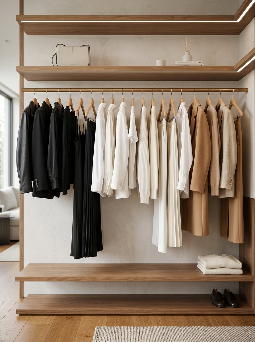 A stylish wooden closet display holding organized hanging clothes in neutral tones with shelves above and below.