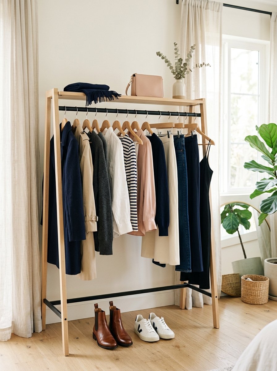 Wooden clothing rack holding hangers with coats, sweaters, and shirts, with leather boots and sneakers on the floor.