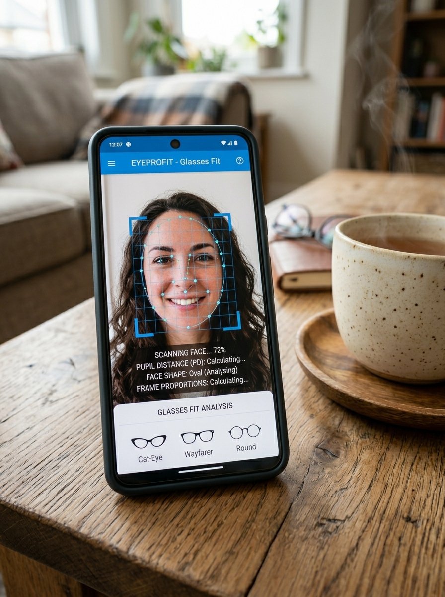 A smartphone screen showing a woman's face being analyzed by an eyewear fitting app on a wooden table.