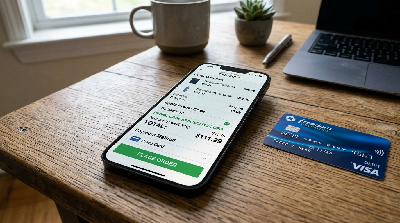 A smartphone showing an e-commerce checkout page next to a blue Chase Freedom debit card on a wooden table.