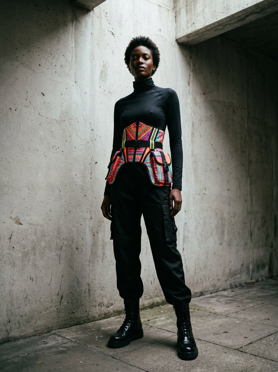 A woman stands in a concrete corridor wearing a black turtleneck, cargo pants, combat boots, and a patterned utility corset.