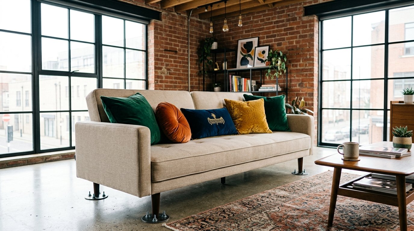 Beige couch featuring green, orange, and blue cushions in a brick-walled living space with large windows.