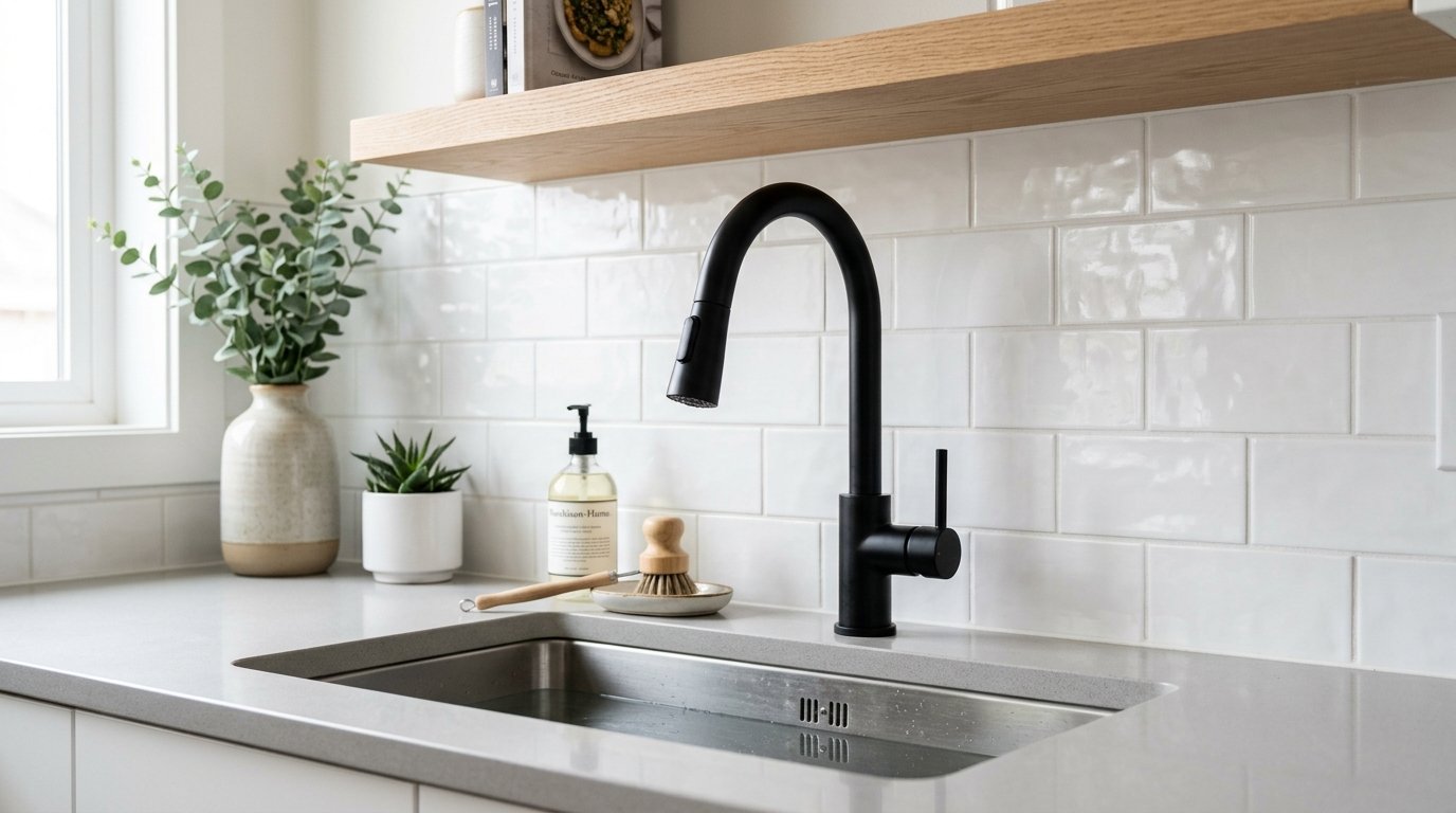 Close up of a contemporary black curved faucet set against a white subway tile backsplash and wooden shelf.