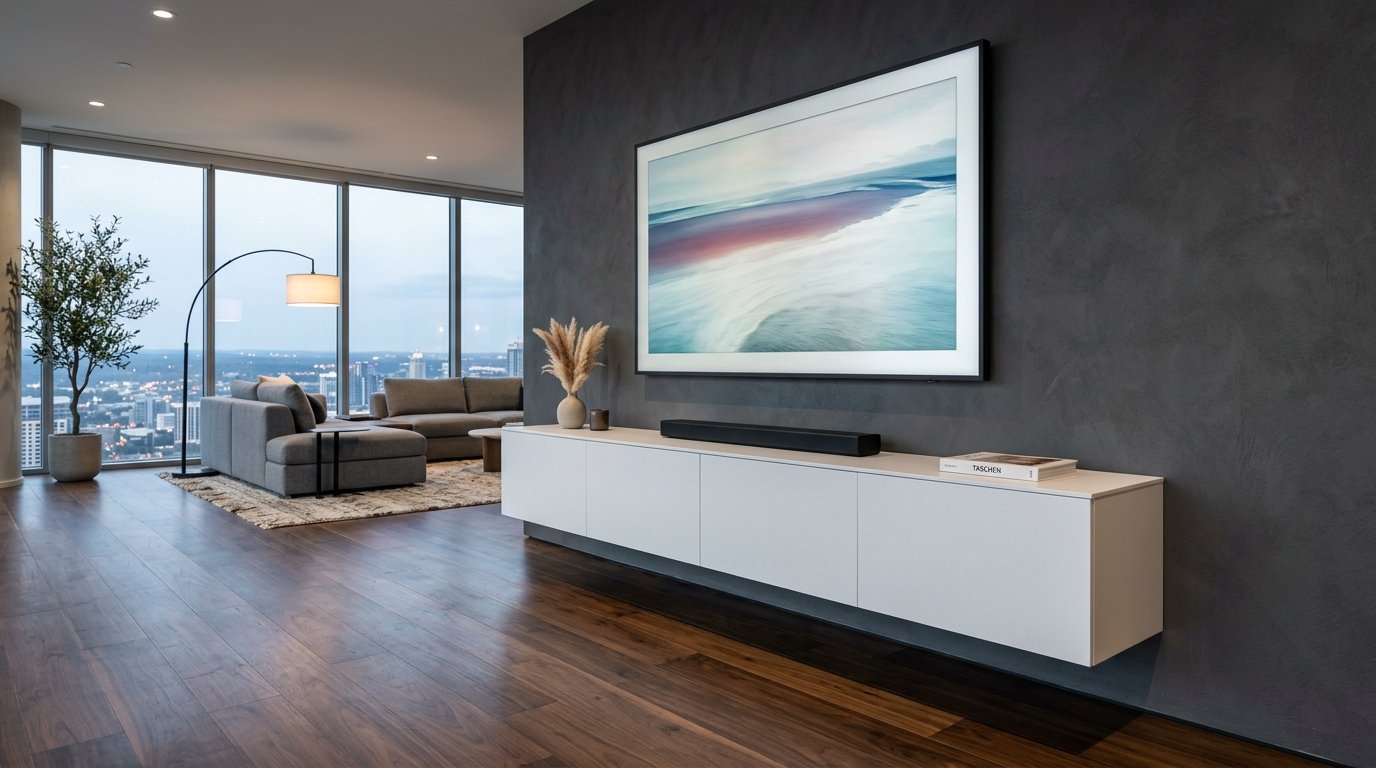 Minimalist white floating media console against a dark grey textured wall with a landscape television screen.