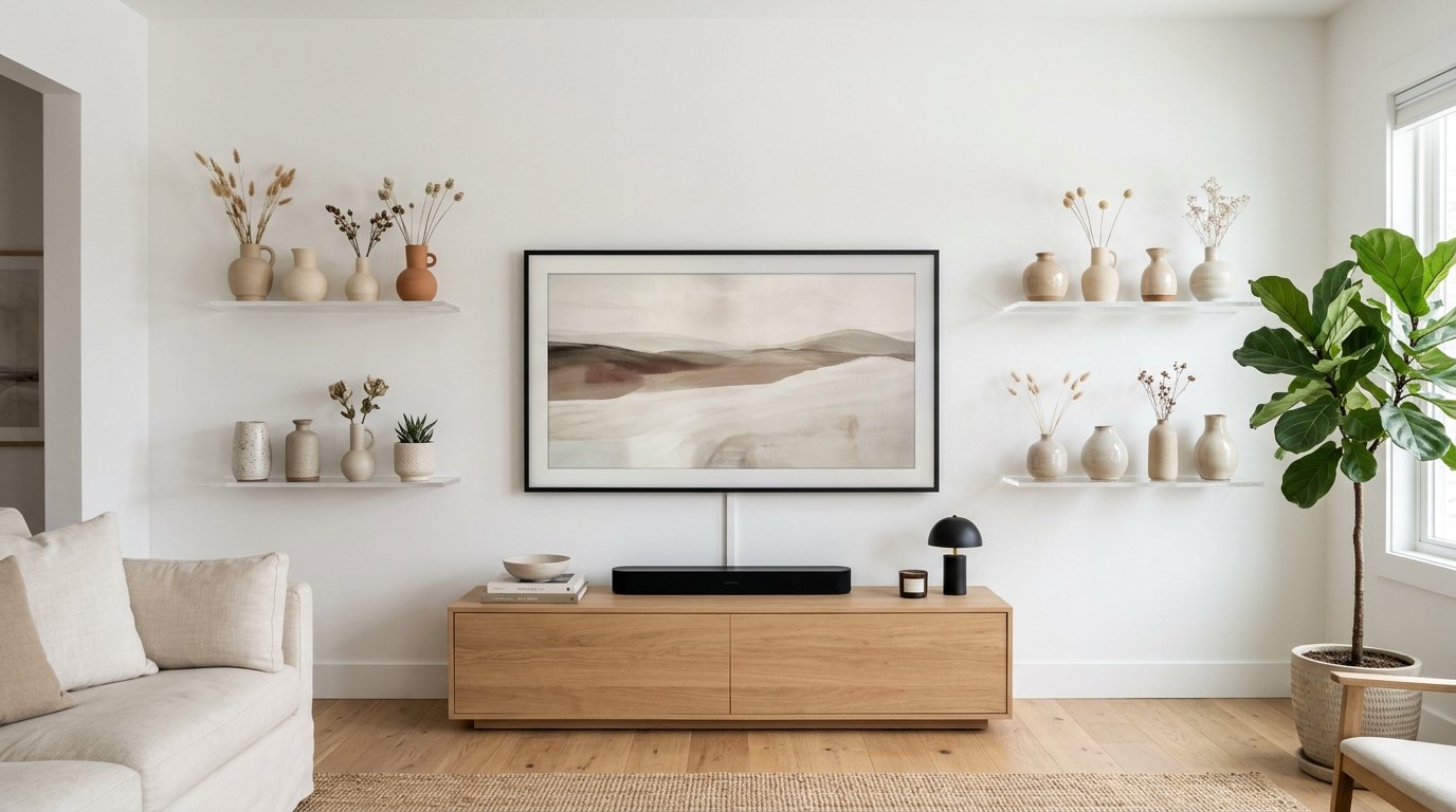 Wall-mounted television above a wooden media console with floating shelves holding neutral ceramic vases and dried stems.