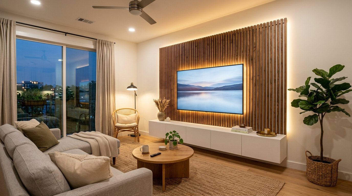 Contemporary living room with a large screen television mounted on a vertical wooden slat wall with LED backlight.