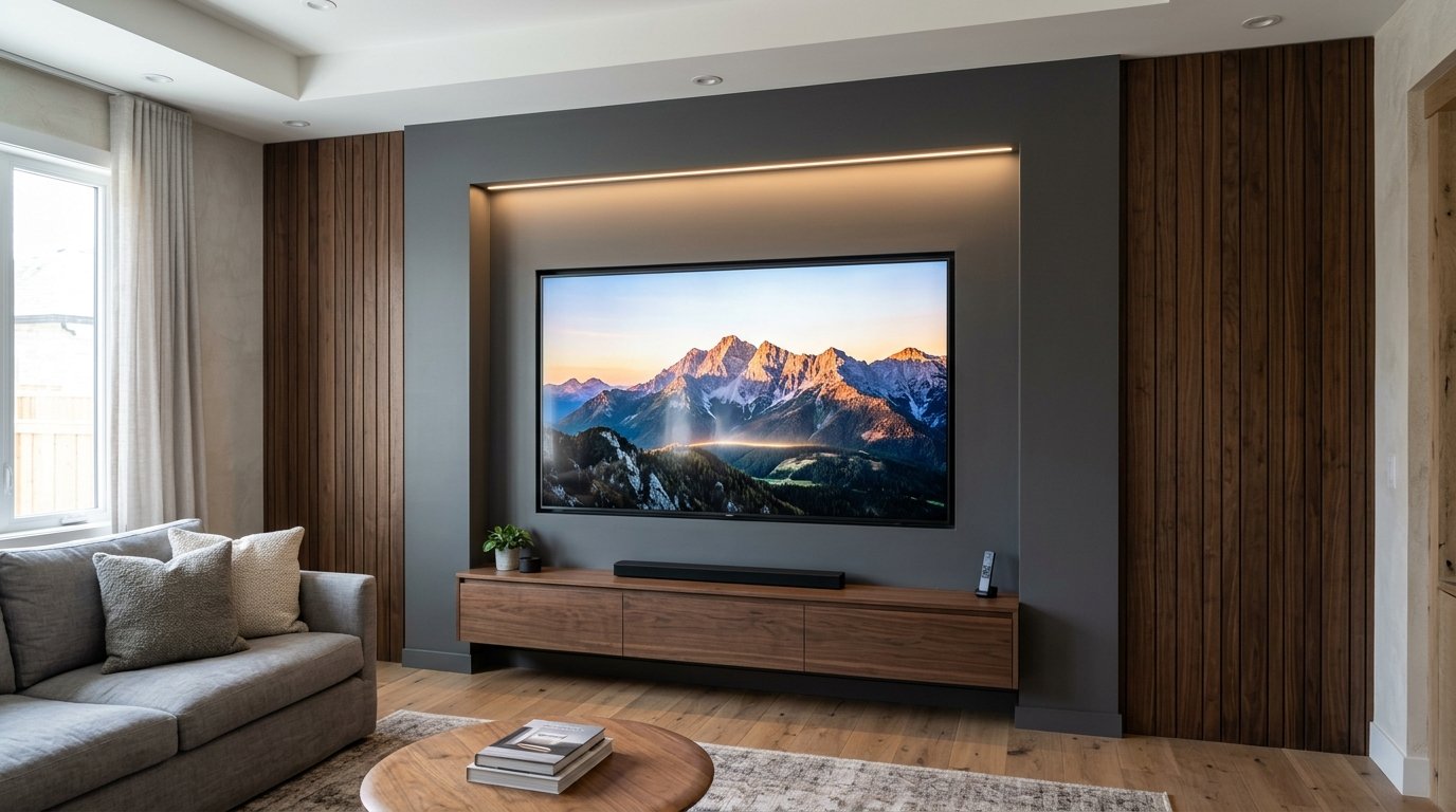 Wall-mounted TV showing a mountain range above a floating wood media console in a contemporary living room.