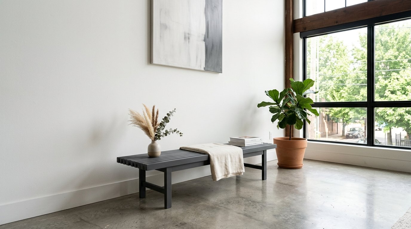 A grey slatted bench with a blanket and vase sits against a white wall near a large window.