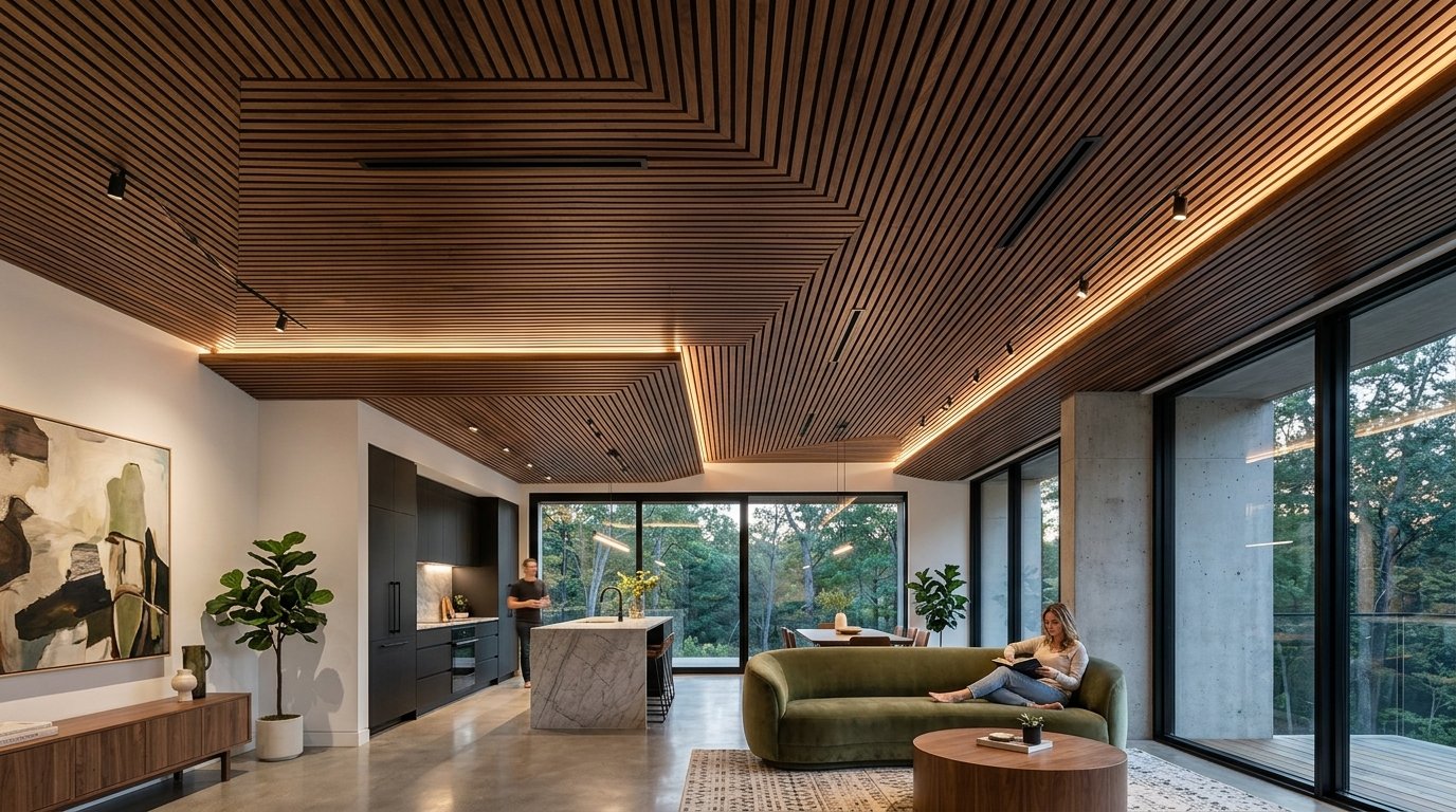 Woman reading on a green curved sofa in a luxury home with a unique geometric wooden slatted ceiling.