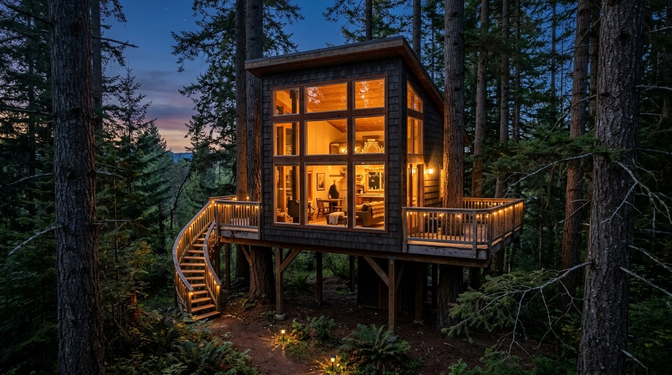 A glowing contemporary cabin elevated among trees at twilight with a winding wooden staircase.
