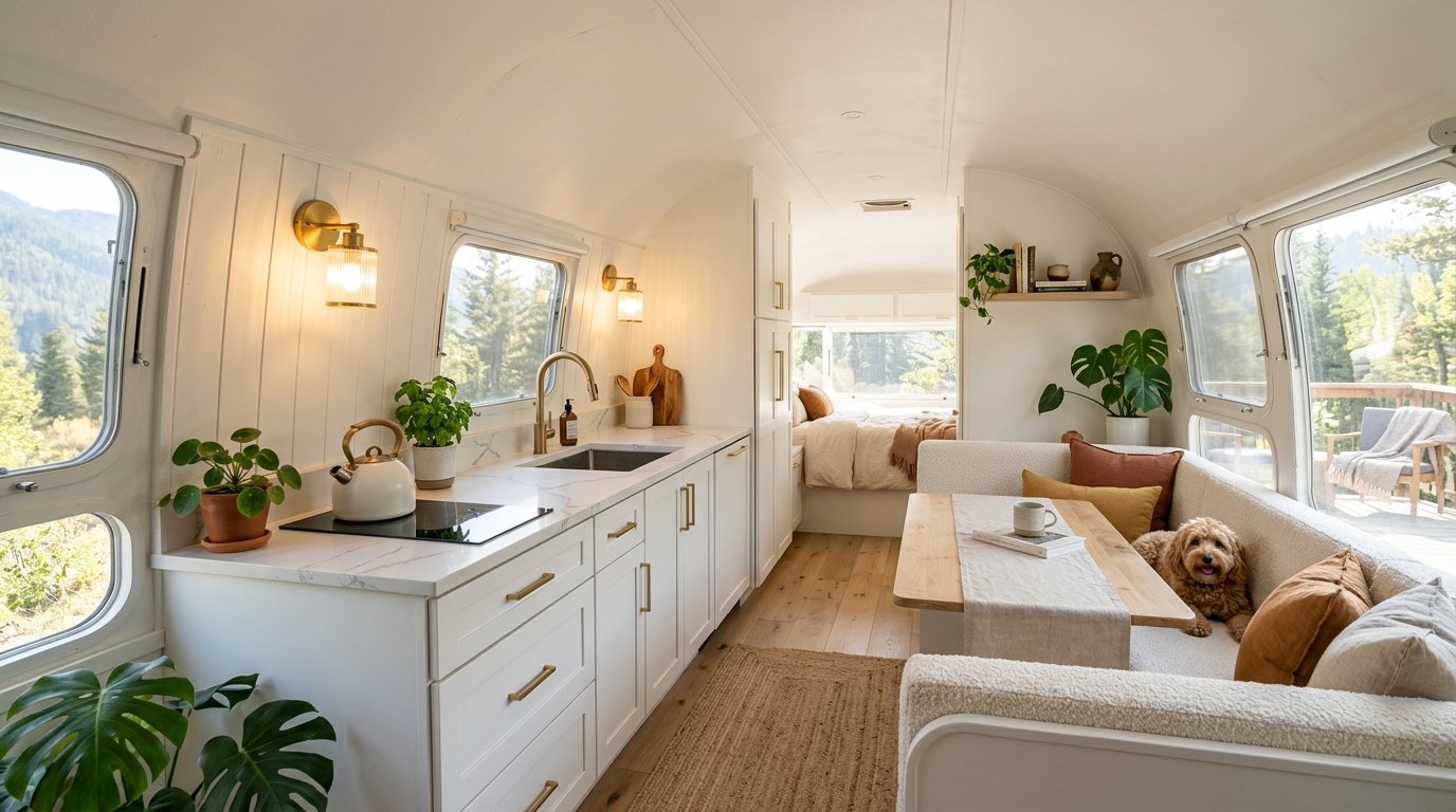 Bright airstream interior featuring a marble kitchen counter, cream sofa, and a small dog resting by the dining table.