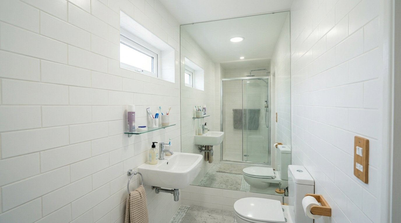 A small, bright bathroom featuring white subway wall tiles, a glass-enclosed shower, and a modern wall-mounted sink.
