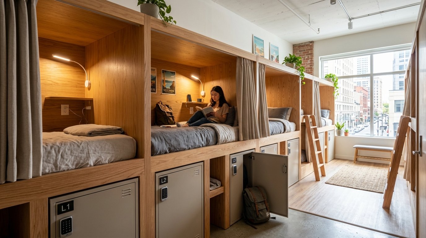 Young woman reading a book inside a private wooden bunk bed unit in a contemporary urban hostel room.