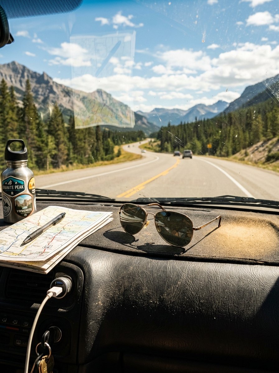 View from inside a vehicle looking out at a winding mountain road with sunglasses and a map on the dashboard.