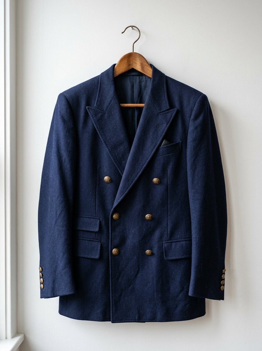 A dark blue wool double-breasted sport coat hangs on a wooden hanger against a plain white wall.
