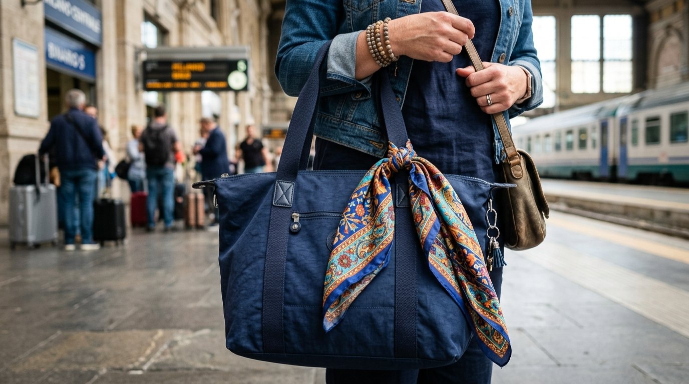 Close-up of a person wearing a denim jacket holding a blue handbag with a colorful patterned scarf tied to the strap.