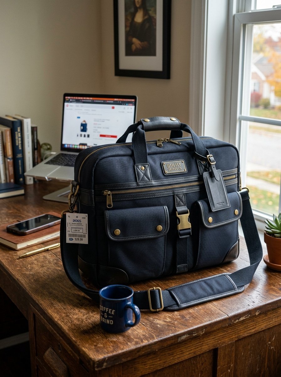Dark blue messenger bag with luggage tag and buckle front resting on a desk near a window and laptop.