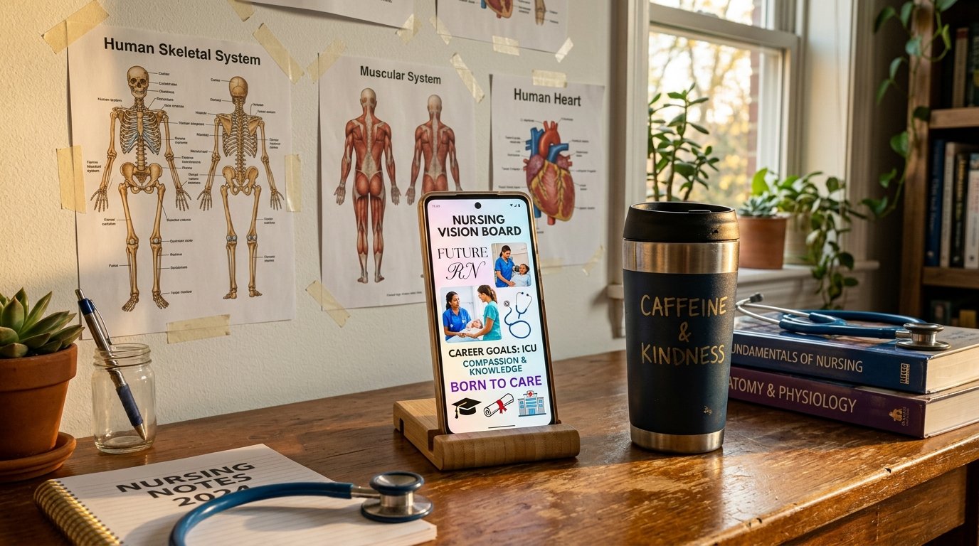 Nursing student desk with medical posters, anatomy textbooks, stethoscope, and a vision board on a smartphone.