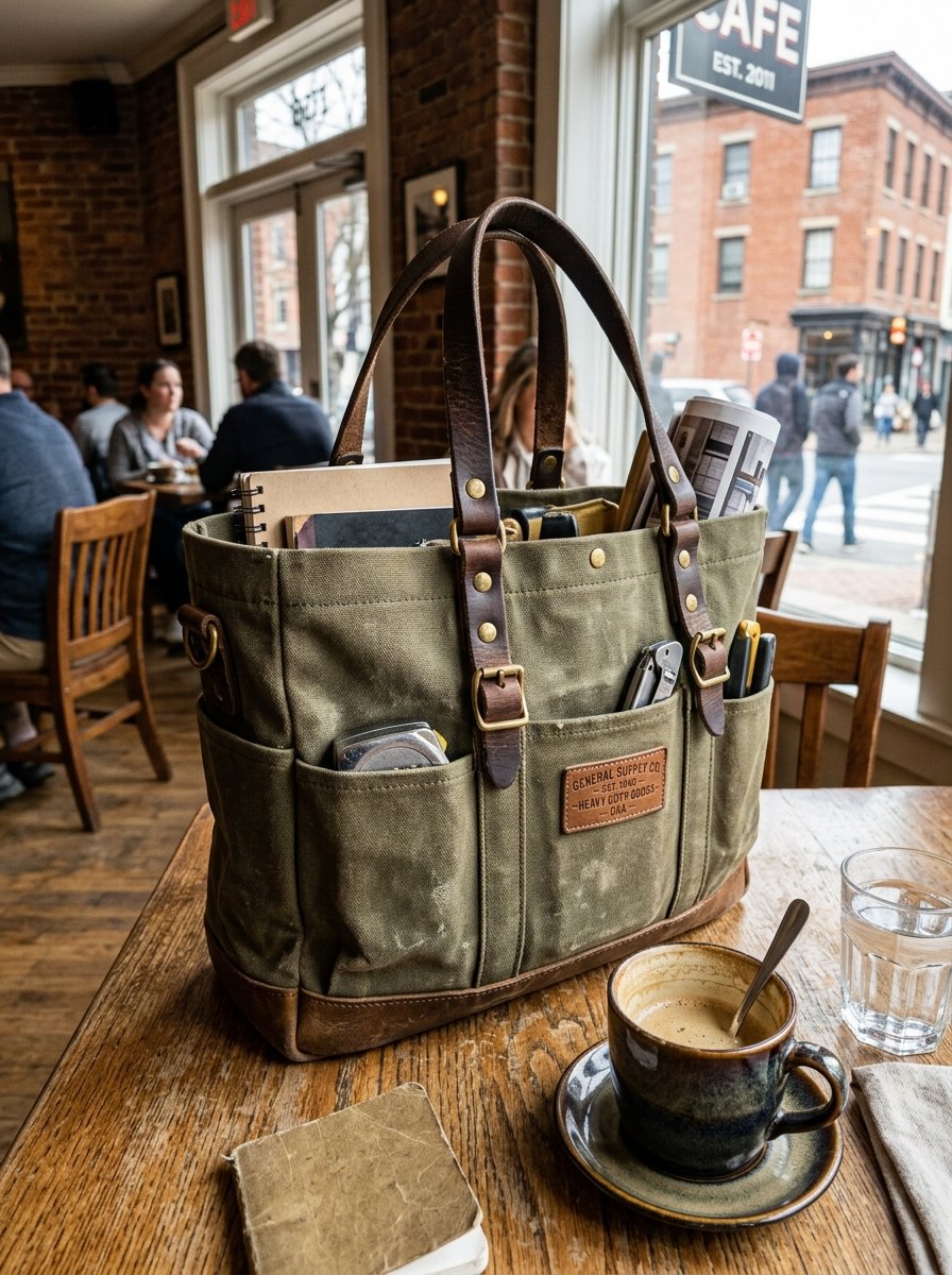 A waxed olive canvas and brown leather tote bag filled with books and tools on a rustic wooden coffee shop table.