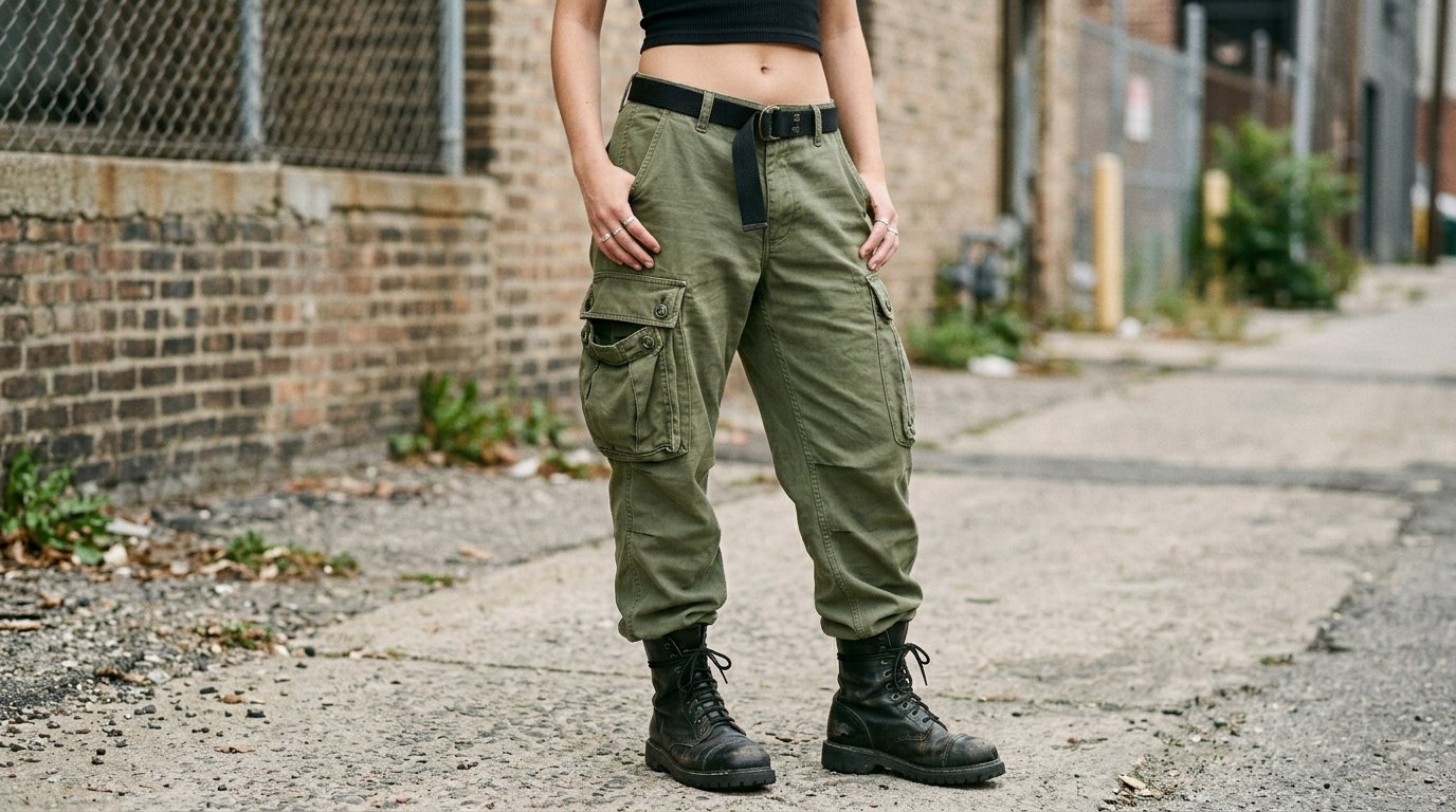 Model wearing loose green cargo trousers with a black belt and combat boots standing on a city street.