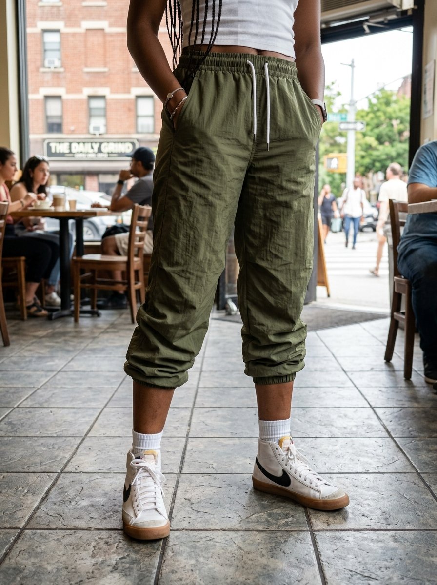 Person wearing olive green track pants with white drawstring and high-top sneakers standing in a coffee shop.