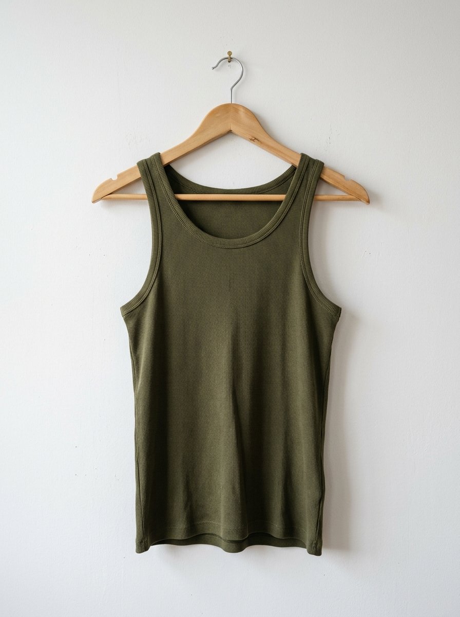 A sleeveless olive green shirt with a ribbed texture hangs against a plain white wall.