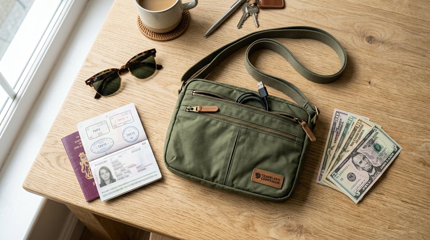 Top view of a green fabric shoulder bag, open passport, sunglasses, and US dollar bills on a wooden desk.