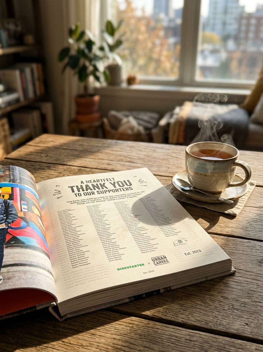 An open book with a thank you page sitting on a wooden table next to a steaming mug of tea by a bright window.