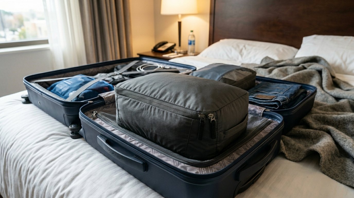 A navy blue suitcase opened on a white hotel bed filled with clothes and grey zippered packing cubes.